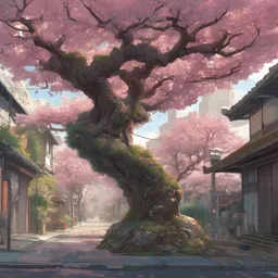 highly detailed concept art of a sakura plum tree made with water, overgrowth, Tristan Eaton, Artgerm, Studio Ghibli, Makoto Shinkai