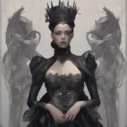 beautiful dark goth model wearing epic haute couture by Alexander McQueen, extremely beautiful and proportionate face, in the aesthetic of mert and marcus, masterpiece, intricate, elegant wardrobe, highly detailed, digital painting, artstation, concept art, smooth, sharp focus, illustration, art by artgerm and james jean and greg rutkowski and alphonse mucha