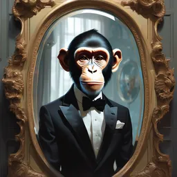 lofi monkey in front of a mirror, reflecting the expression of a human face, Pixar style by Tristan Eaton Stanley Artgerm and Tom Bagshaw, high detail, elegant, concept art