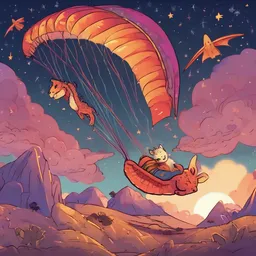 A dragon is sleeping on a cheetah under the starry sky at sunset while paragliding with a colorful parachute.