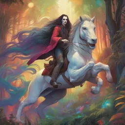 A vampire is exploring on a lion in a dense forest during a rainbow while galloping on a mythical unicorn.