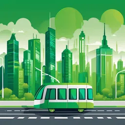 Design a logo for a smart city transportation system. Incorporate transportation graphics and a cityscape backdrop with a green and tech-inspired color palette.