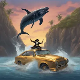 A pirate is jumping on a humpback whale on a big stone at dawn while driving a golden car.