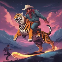 A cowboy is running on a tiger on a mountaintop at night while skating on a hoverboard.