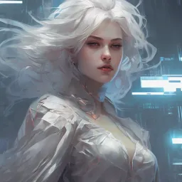a beautiful white haired princess, intricate concept art, ethereal, ominous, dramatic lighting, illuminated lines, outrun, vaporware, cyberpunk darksynth, dark background, 8 k, by ruan jia and krenz cushart and alphonse mucha
