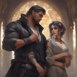 a tall attractive goth girl and a strong buff handsome man, family photo, cute, intricate, highly detailed, digital painting, artstation, concept art, smooth, sharp focus, illustration, unreal engine 5, 8 k, art by artgerm and greg rutkowski and alphonse mucha