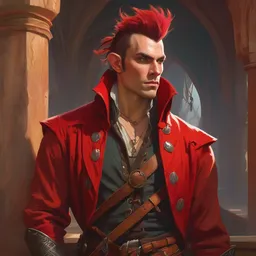 medium-length portrait of a male half-elf dashing swashbuckler with a mohawk, fair skin, strong jaw, cocky expression, wears a bright red longcoat, medieval setting, highly detailed, digital painting, artstation, concept art, sharp focus, illustration, art by greg rutkowski and alphonse mucha