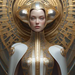 portrait of female android, symmetry, intricate, elegant, highly detailed, smooth, sharp focus, concept art, digital painting, illustration, artstation, by fra angelico and greg ruthkowski