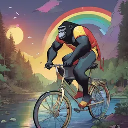 A superhero is singing on a gorilla by a tranquil river at night while cycling on a rainbow-colored bicycle.