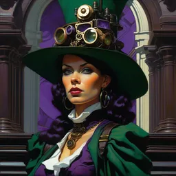 a baroque neoclassicist close - up portrait of a steampunk witch, head and shoulders, large marble architecture in background. deep green and purple. renaissance portrait painting. highly detailed science fiction painting by norman rockwell, frank frazetta, and syd mead. rich colors, high contrast, gloomy atmosphere, dark background. trending on artstation