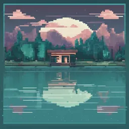 a icon of tranquil lake with a pixelated style, creating a energetic mood in a space theme, featuring teal color.