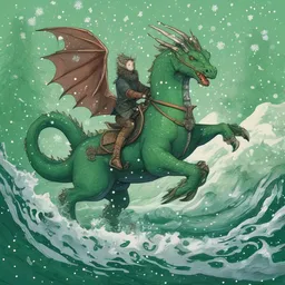 A dragon is pouncing on a octopus beneath the ocean waves amidst falling snowflakes while riding a green horse.