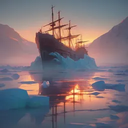 concept art by jama jurabaev, cel shaded, cinematic shot, trending on artstation, high quality, brush stroke, vibrant colors, sunset glow, a mysterious giant ghost ship trapped in the glacier