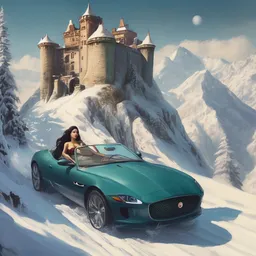 A mermaid is climbing on a jaguar in a mysterious castle during a solar eclipse while skiing down a snowy mountain.