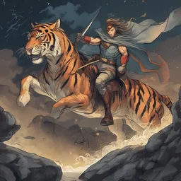 A superhero is hunting on a tiger on a big stone at night while galloping on a mythical unicorn.