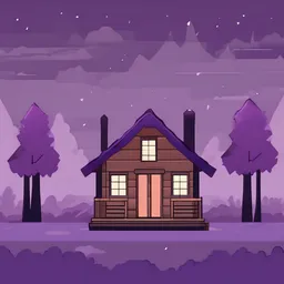 a icon of cozy log cabin with a minimalistic style, creating a whimsical mood in a modern theme, featuring purple color.