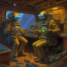 old junky men with cybertronic gadgets and vr helmet, durty colours, rotten textures, rusty shapes, biotechnology, tim hildebrandt, wayne barlowe, bruce pennington, donato giancola, larry elmore, oil on canvas, masterpiece, trending on artstation, featured on pixiv, cinematic composition, hyper - detailed, hd, hdr, 4 k, 8 k