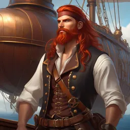 portrait of a rugged steampunk pirate, 3 0 years old, male, handsome, masculine, red hair, long hair, long beard, soft hair, fantasy, intricate, elegant, highly detailed, steampunk, airship, digital painting, artstation, concept art, character art, smooth, sharp focus, illustration, art by artgerm and greg rutkowski and alphonse mucha