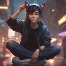 boy with cat ears and tail, full body, blushing, happy, short smile, hair covering eyes, cinematic lightning, mid-shot, highly detailed, trending on Artstation, Unreal Engine 4k, cinematic wallpaper by Stanley Artgerm Lau, WLOP, Rossdraws, James Jean, Andrei Riabovitchev, Marc Simonetti, and Sakimichan