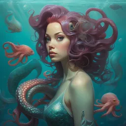 underwater lofi scorn biopunk mermaid portrait, octopus, Pixar style, by Tristan Eaton Stanley Artgerm and Tom Bagshaw.