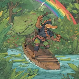 A ninja is swimming on a crocodile amidst lush greenery during a rainbow while rowing a wooden canoe.