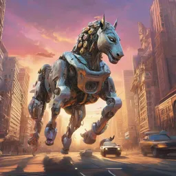 A robot is roaring on a jaguar in a bustling city at sunset while galloping on a mythical unicorn.
