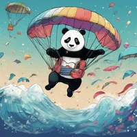 A detective is running on a panda beneath the ocean waves amidst falling snowflakes while paragliding with a colorful parachute.