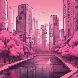 a icon of urban park with a hand-drawn style, creating a serene mood in a cyber theme, featuring pink color.