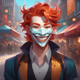 a portrait of the happy mask salesman, grinning, ginger hair, handsome, art by lois van baarle and loish and ross tran and rossdraws and sam yang and samdoesarts and artgerm and saruei and wlop, digital art, highly detailed, intricate, sharp focus, trending on artstation hq, deviantart, unreal engine 5, 4 k uhd image, intricate, elegant, highly detailed, digital painting, artstation, concept art, smooth, sharp focus, illustration, art by artgerm and greg rutkowski and alphonse mucha and william - adolphe 