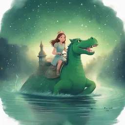 A princess is roaring on a crocodile under the starry sky on a foggy day while riding a green horse.