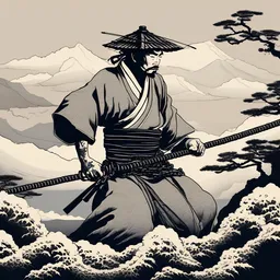 by hokusai, samurai man vagabond, the samurai is wrapped in chains, detailed, editorial illustration, matte print, concept art, ink style, sketch, digital 2 d