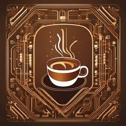 Create a logo for a tech-themed coffee roastery with a coffee cup and circuit board motifs, using warm and inviting colors.