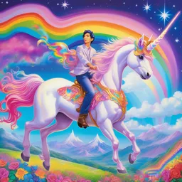 a painting of a woke man riding an unicorn, a storybook illustration by Lisa Frank, featured on pixiv, magical realism, irridescent, storybook