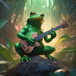 a green big frog playing the guitar. intricate, epic lighting, cinematic composition, hyper realistic, 8 k resolution, unreal engine 5, by artgerm, tooth wu, dan mumford, beeple, wlop, rossdraws, james jean, marc simonetti, artstation
