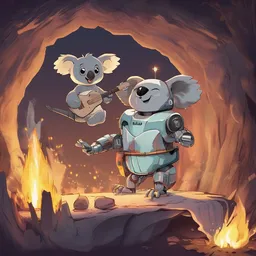 A robot is singing on a koala in a secret cave in the light of a bonfire while soaring on a magical broomstick.