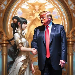 anime girl shaking hands with donald trump, intricate, art by artgerm and greg rutkowski and alphonse mucha and william - adolphe bouguereau, high detailed, 4 k,