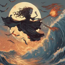 A vampire is flying on a zebra beneath the ocean waves in the light of a bonfire while soaring on a magical broomstick.