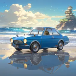 car, robot, penguin, ocean, blue sky, illustration concept art anime key visual trending pixiv fanbox by wlop and greg rutkowski and makoto shinkai, studio ghibli 3 d render
