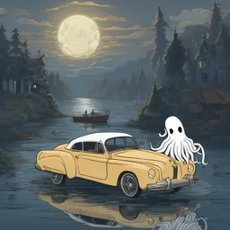 A ghost is dancing on a octopus by a tranquil river under the full moon while driving a golden car.
