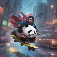 A wizard is swimming on a panda in a bustling city during a thunderstorm while skating on a hoverboard.