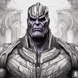 symmetry concpet art, full shot, traditional ink, sketch, of thanos, line sketch, intricate, elegant, highly detailed, monochrome, digital painting, artstation, concept art, sharp focus, illustration, art by borderlands 3 and peter polach