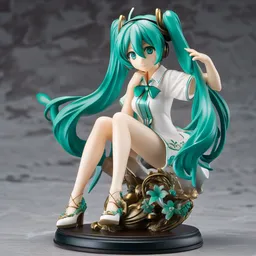 still figurine of hatsune miku wearing an elegant summer blouse, emerald green eyes, statue, personification, dynamic pose, amazing details, detailed product photo, official art, featured on pixiv, 8 5 mm, f. 1 4, beautiful composition, anime